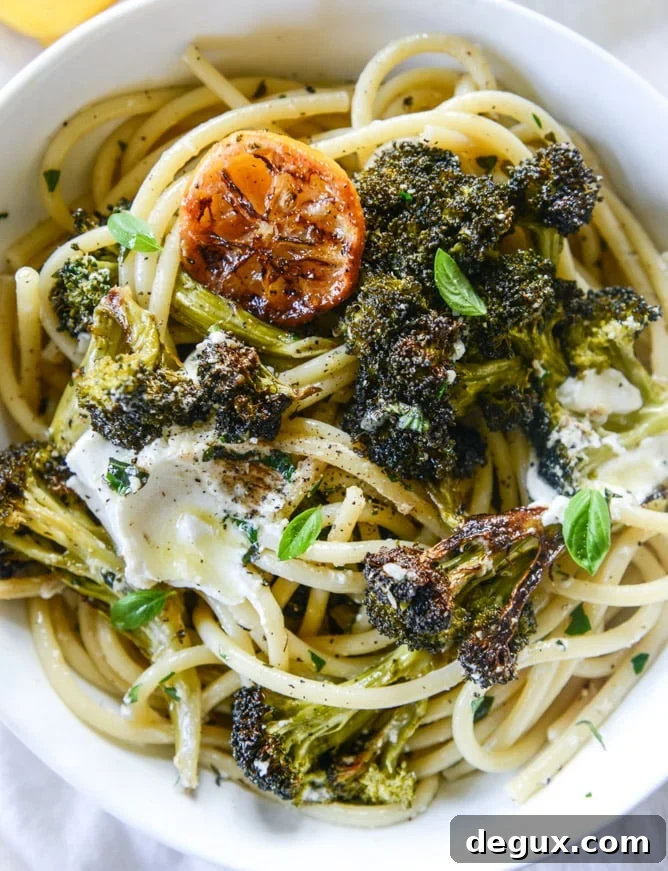 blackened broccoli bucatini with charred lemon and goat cheese I howsweeteats.com