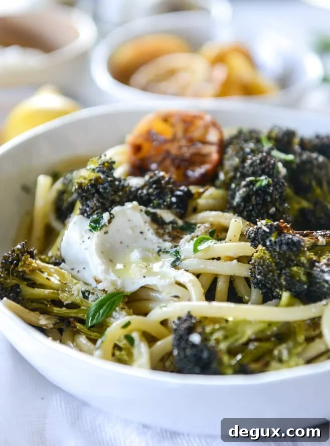 blackened broccoli bucatini with charred lemon and goat cheese I howsweeteats.com