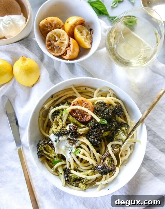 blackened broccoli bucatini with charred lemon and goat cheese I howsweeteats.com
