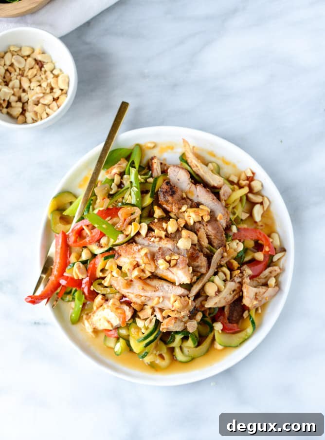 Thai Drunken Zucchini Noodles with Spicy Honey Chicken 2 thai drunken zucchini noodles I howsweeteats.com