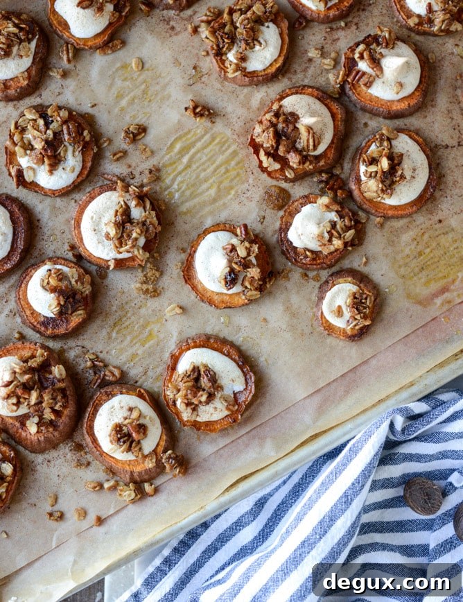Roasted Sweet Potato Bites with Oatmeal Cookie Crumble 7 roasted sweet potato casserole bites with oatmeal cookie crumble I howsweeteats.com