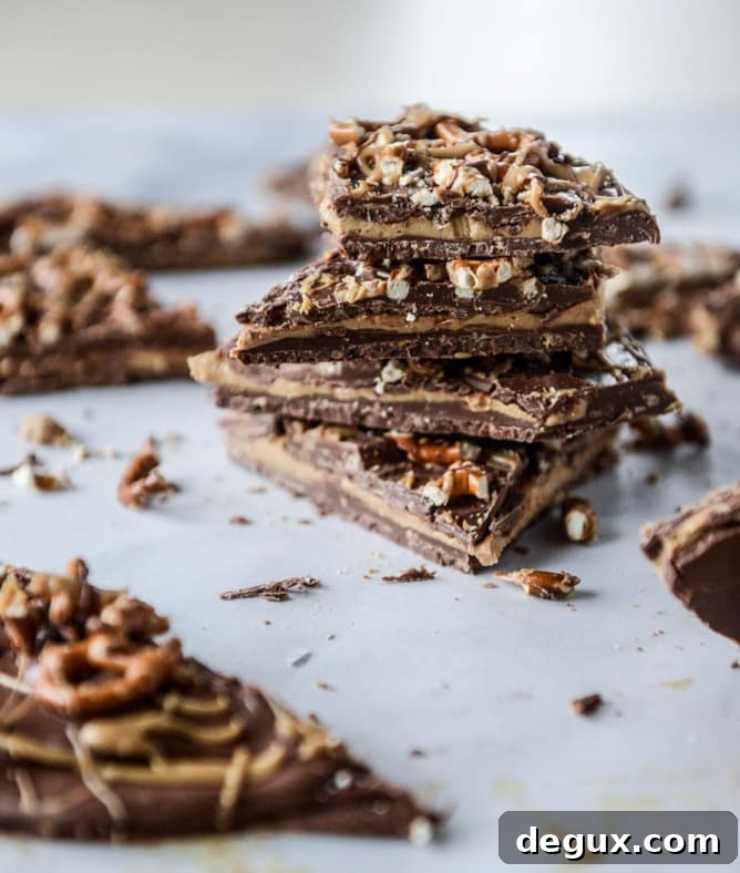 pretzel peanut butter stuffed chocolate bark I howsweeteats.com