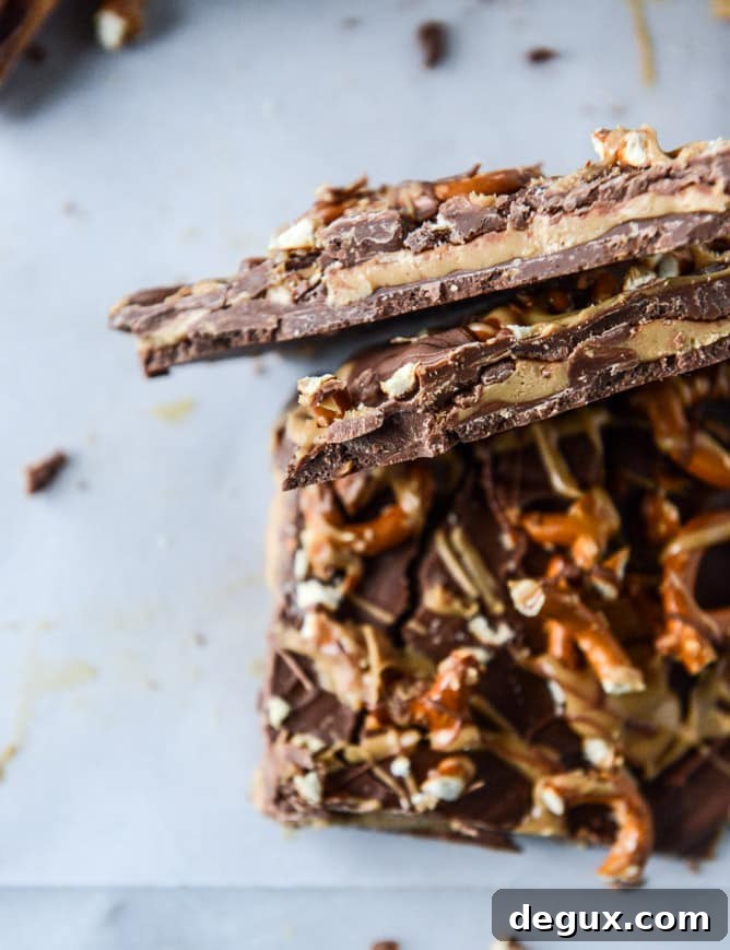 pretzel peanut butter stuffed chocolate bark I howsweeteats.com