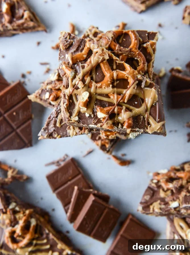 pretzel peanut butter stuffed chocolate bark I howsweeteats.com