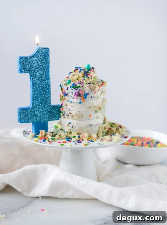 Mini Sprinkle Smash Cake Ideas for Colorful First-Birthday Photos 9 mini sprinkle smash cake I howsweeteats.com
