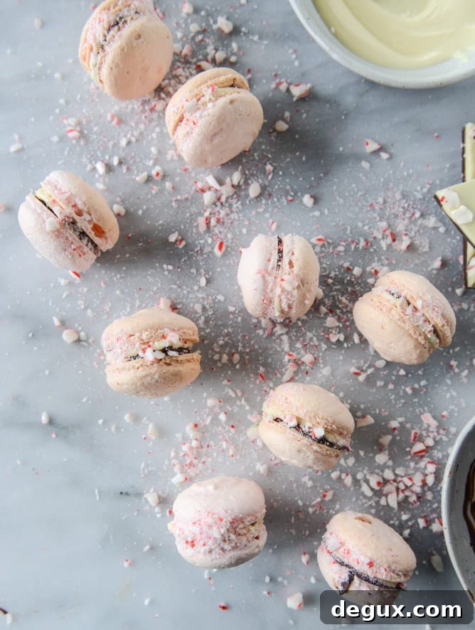 Pink Peppermint Bark Macarons Recipe — Festive Holiday Dessert 5 pink peppermint bark macarons I howsweeteats.com