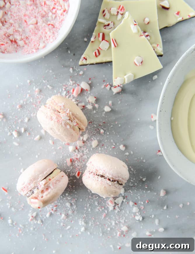 Pink Peppermint Bark Macarons Recipe — Festive Holiday Dessert 6 pink peppermint bark macarons I howsweeteats.com