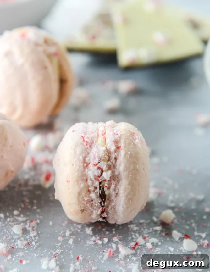 Pink Peppermint Bark Macarons Recipe — Festive Holiday Dessert 7 pink peppermint bark macarons I howsweeteats.com