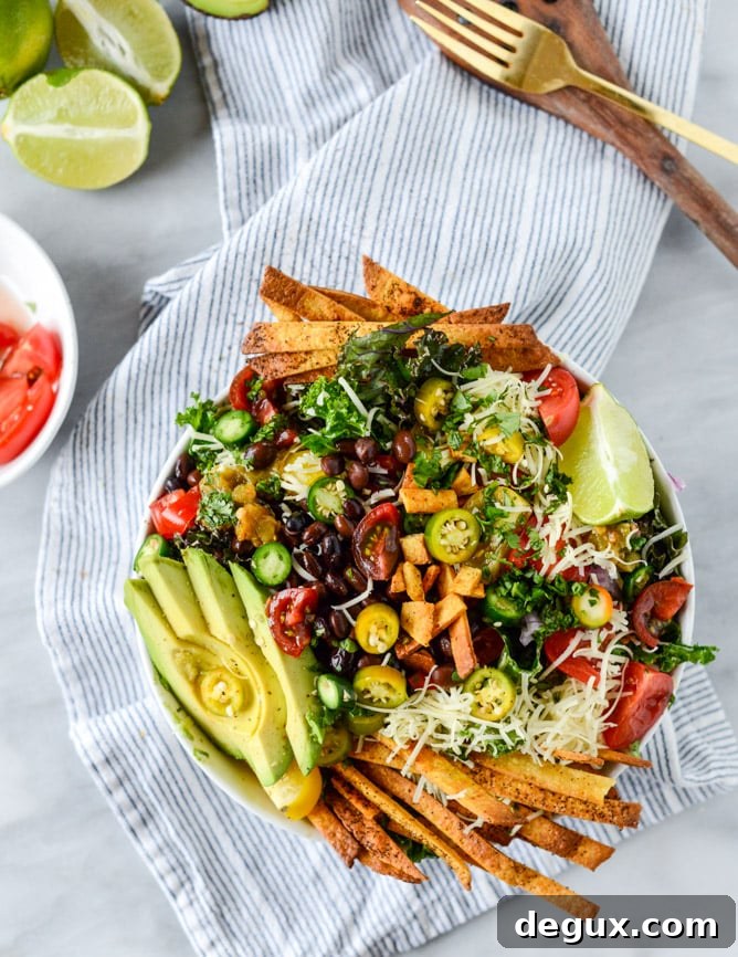 Crispy Taco Kale Salad with Avocado and Lime Dressing 8 crunchy taco kale salad I howsweeteats.com