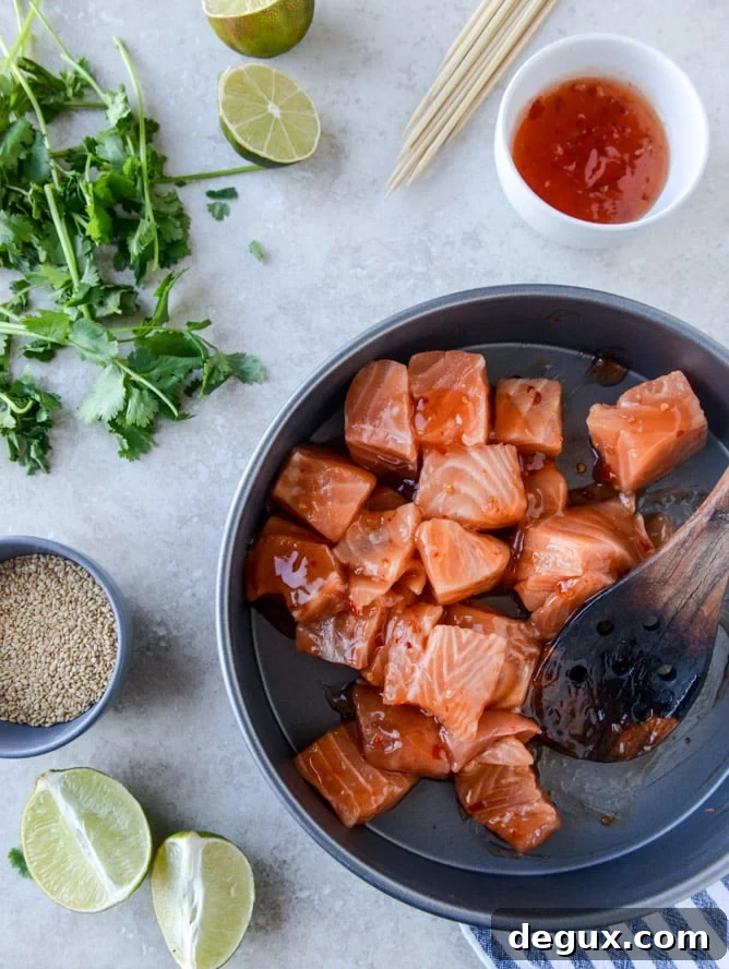 30 minute sweet thai chili salmon skewers I howsweeteats.com