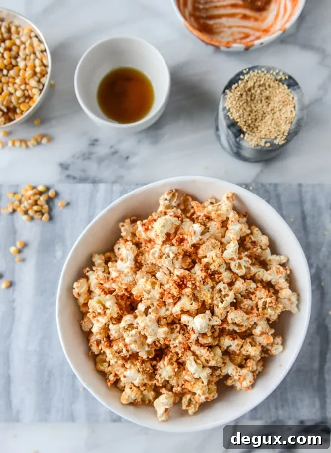 brown sugar sriracha sesame popcorn I howsweeteats.com