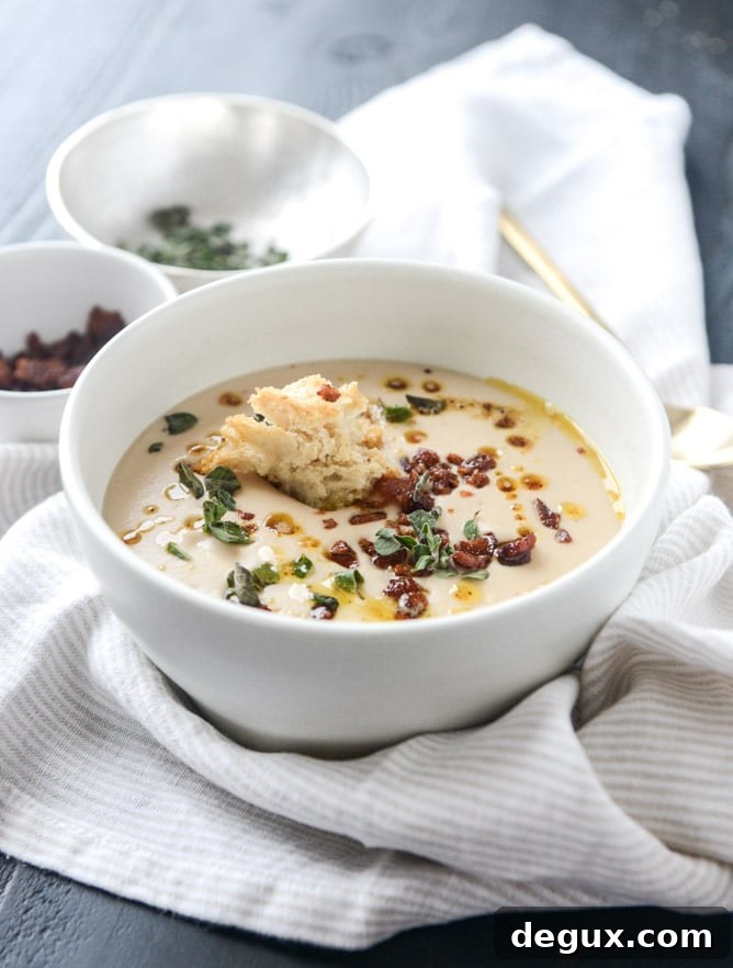 white bean soup with crumbled bacon and spiced brown butter I howsweeteats.com