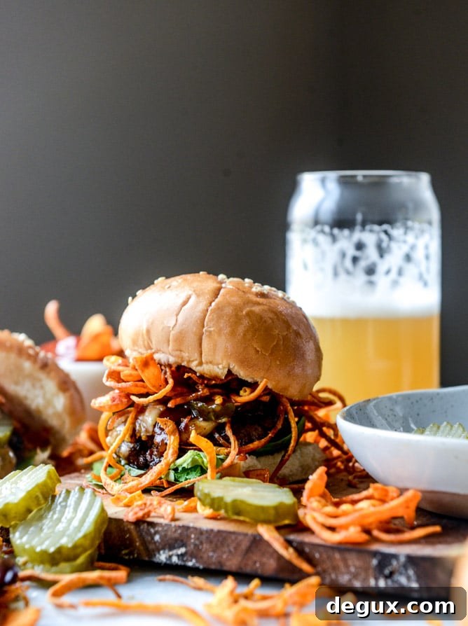 BBQ Havarti Burger with Sweet Potato Curly Fries 2 BBQ havarti burgers with sweet potato curly fries I howsweeteats.com