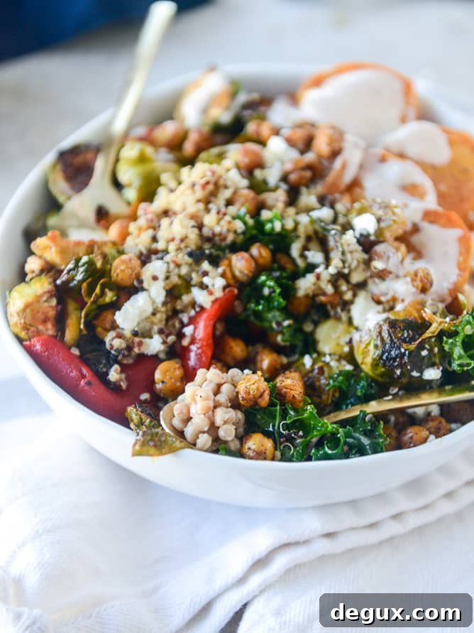 grain bowls with maple chipotle brussels and coconut roasted sweet potatoes I howsweeteats.com