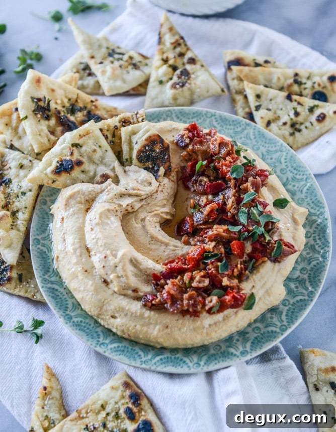 Spicy Bacon Cherry Pepper Hummus with Crispy Pizza Pita Chips 10 hot bacon cherry pepper hummus with pizza pita chips I howsweeteats.com