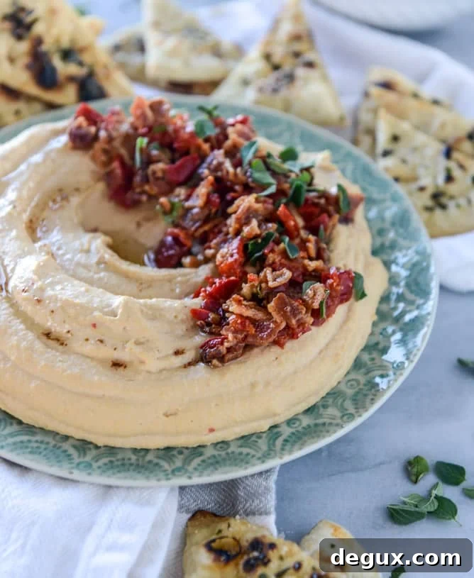 Spicy Bacon Cherry Pepper Hummus with Crispy Pizza Pita Chips 6 hot bacon cherry pepper hummus with pizza pita chips I howsweeteats.com