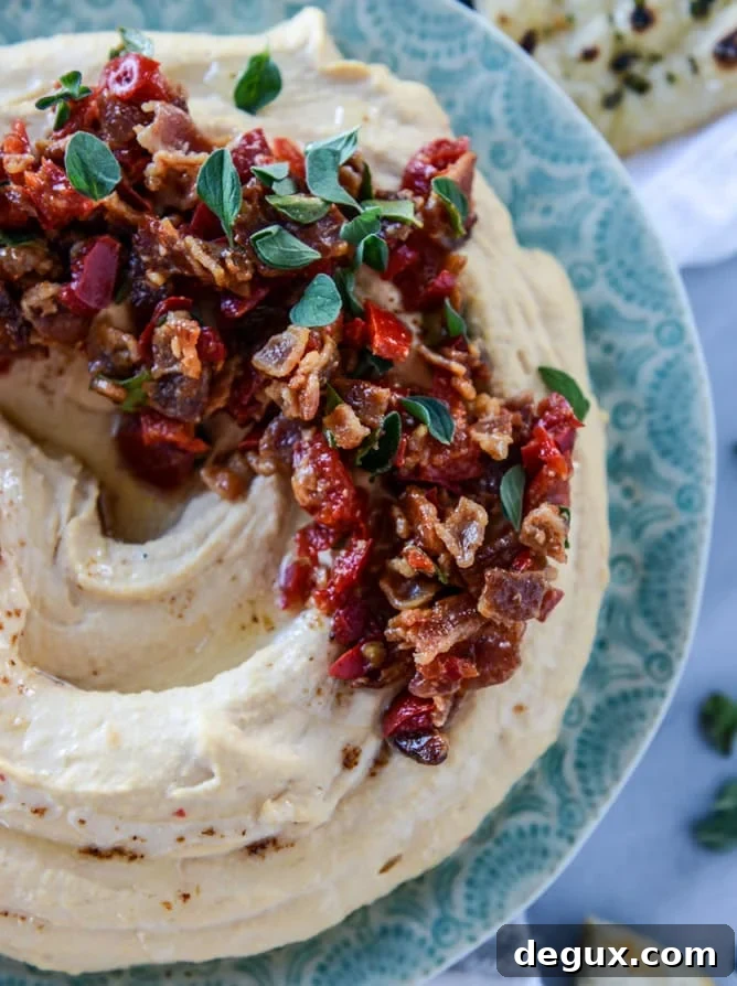 Spicy Bacon Cherry Pepper Hummus with Crispy Pizza Pita Chips 8 hot bacon cherry pepper hummus with pizza pita chips I howsweeteats.com