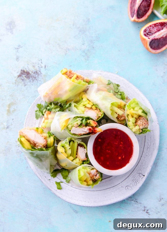 crunchy chicken spring rolls with blood orange dipping sauce I howsweeteats.com