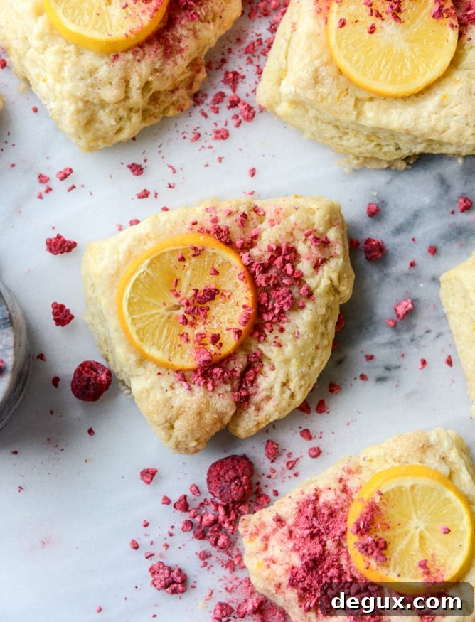 meyer lemon scones with raspberry crumbs I howsweeteats.com