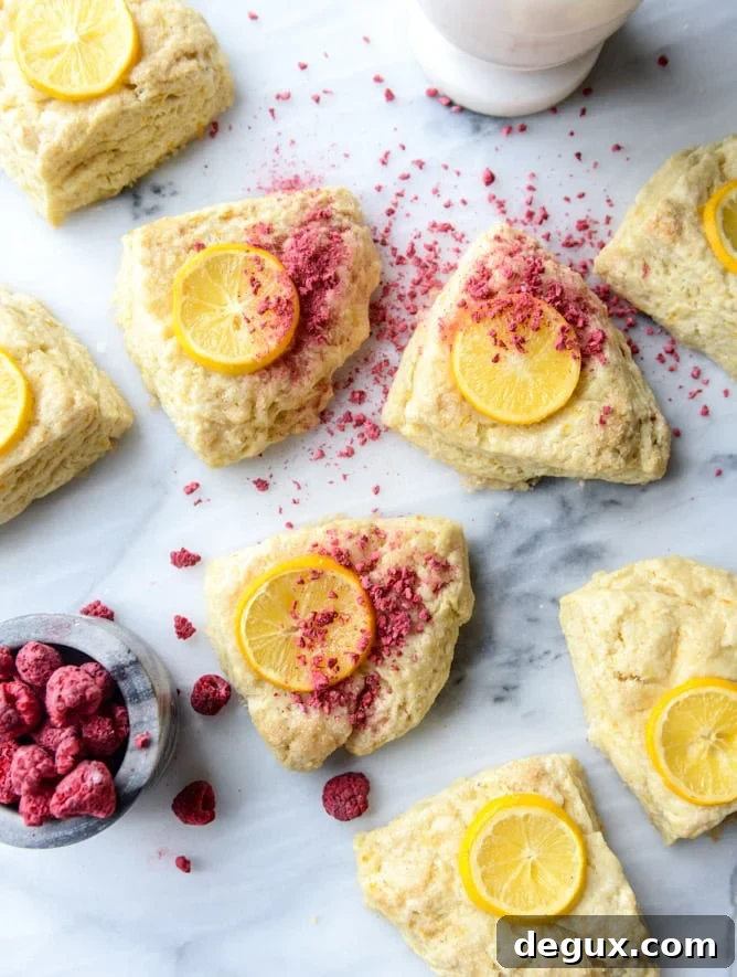 meyer lemon scones with raspberry crumbs I howsweeteats.com