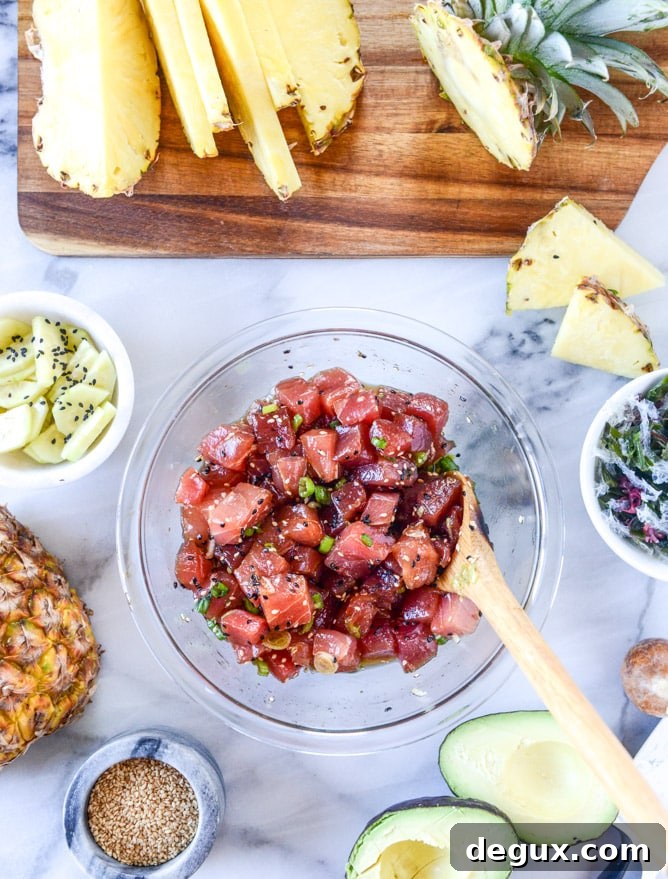 ahi poke bowl with avocado and pineapple I howsweeteats.com