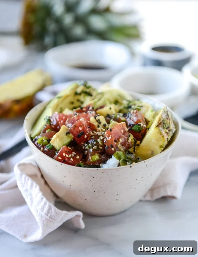 ahi poke bowl with avocado and pineapple I howsweeteats.com