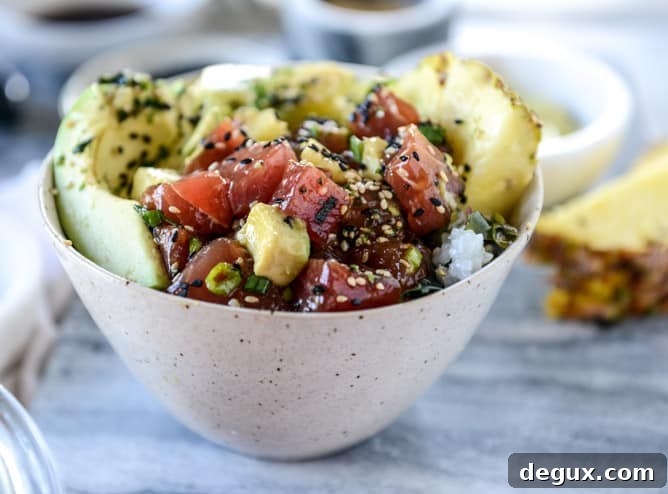 ahi poke bowl with avocado and pineapple I howsweeteats.com