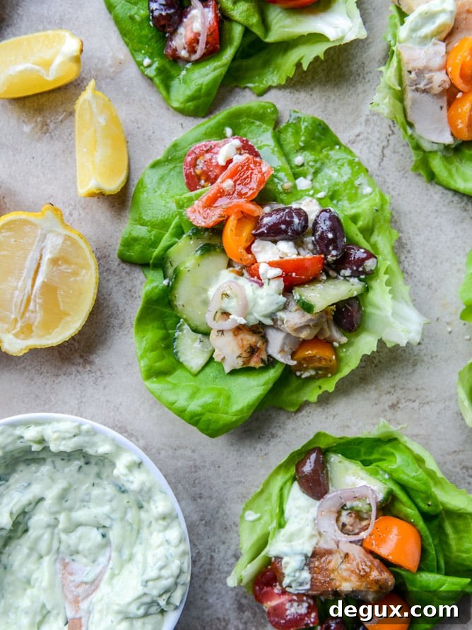greek chicken lettuce cups with avocado tzatziki I howsweeteats.com