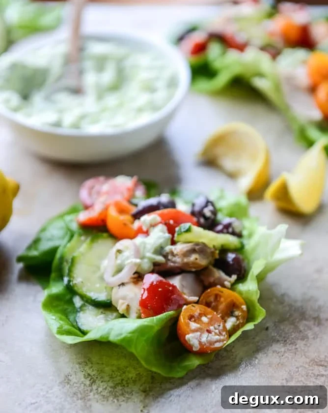 greek chicken lettuce cups with avocado tzatziki I howsweeteats.com