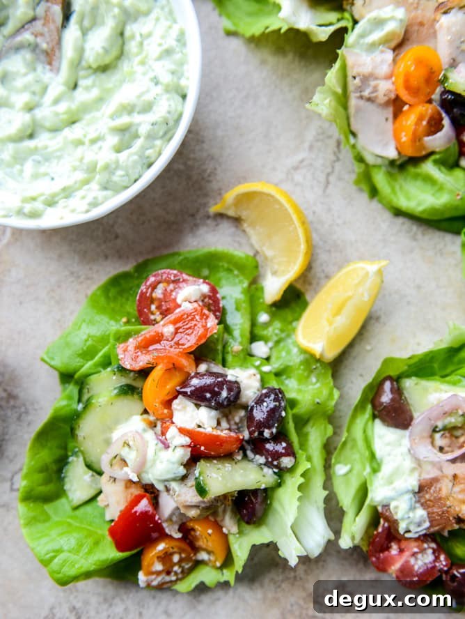 greek chicken lettuce cups with avocado tzatziki I howsweeteats.com