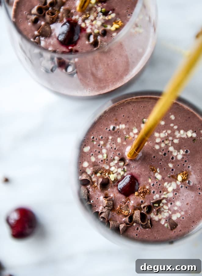 Dark Chocolate Cherry Chai Smoothie Recipe for Choc-Lover Mornings 2 dark chocolate cherry chai protein smoothie I howsweeteats.com