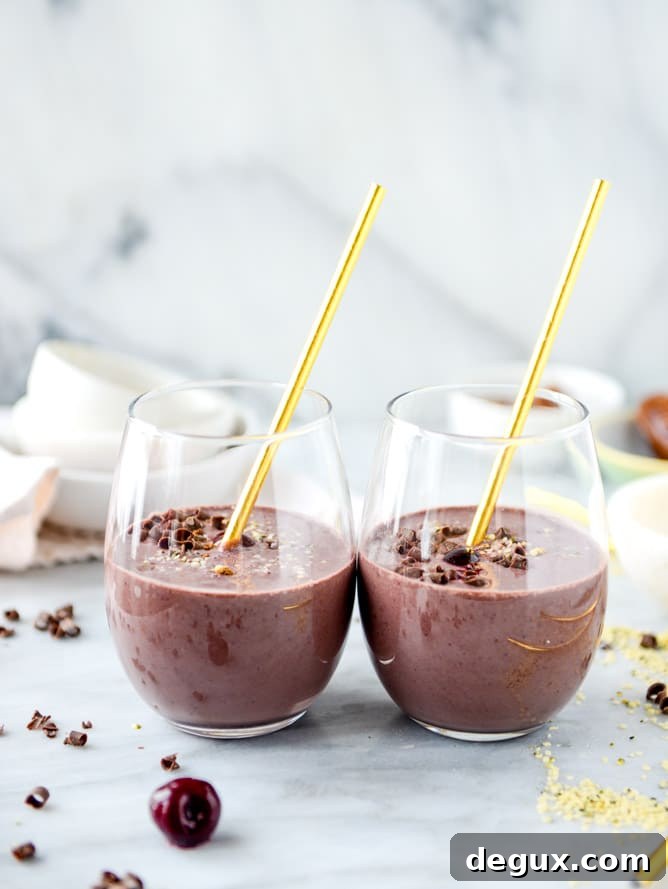 Dark Chocolate Cherry Chai Smoothie Recipe for Choc-Lover Mornings 3 dark chocolate cherry chai protein smoothie I howsweeteats.com