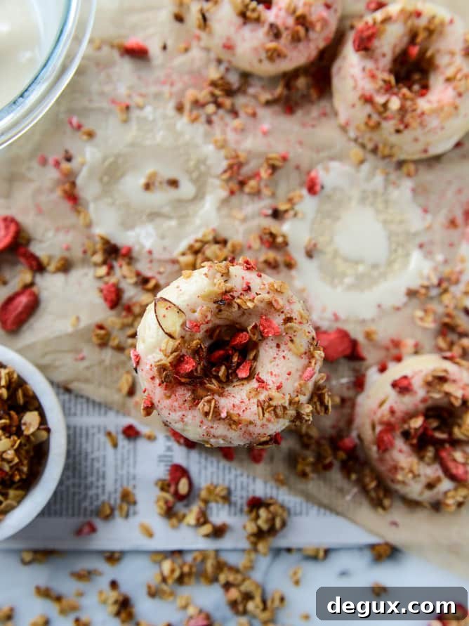 greek yogurt doughnuts with strawberry stovetop granola I howsweeteats.com