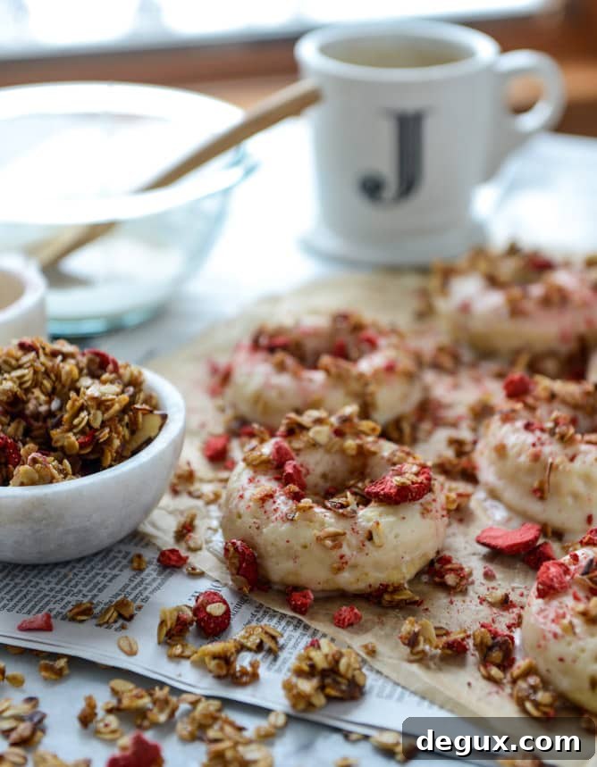 greek yogurt doughnuts with strawberry stovetop granola I howsweeteats.com