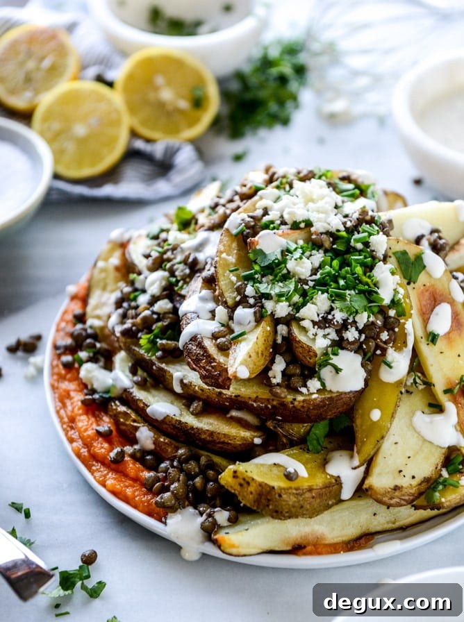 crispy roasted potato wedges with lentils, squash and goat cheese I howsweeteats.com