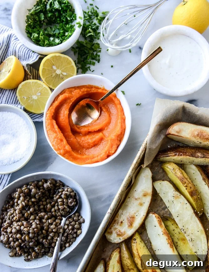 crispy roasted potato wedges with lentils, squash and goat cheese I howsweeteats.com