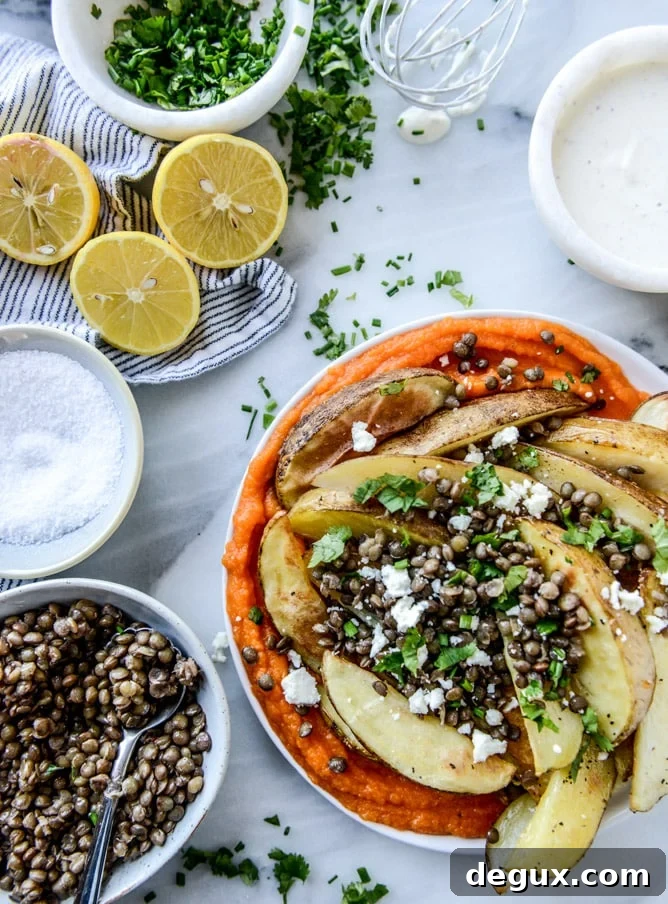 crispy roasted potato wedges with lentils, squash and goat cheese I howsweeteats.com
