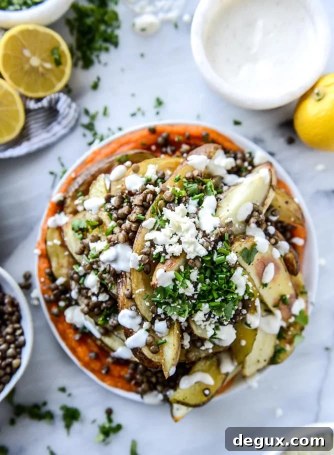 crispy roasted potato wedges with lentils, squash and goat cheese I howsweeteats.com