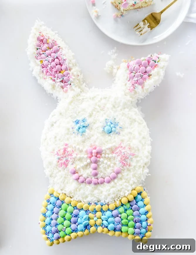 coconut confetti classic bunny cake with M&M'S I howsweeteats.com