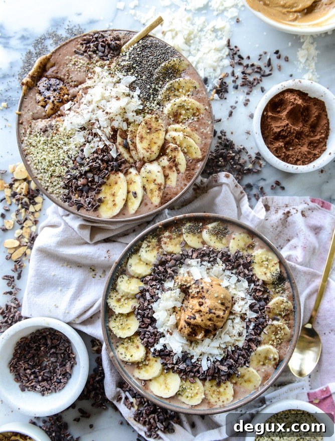 Double Chocolate Peanut Butter Smoothie Bowl Recipes 2 double chocolate peanut butter smoothie bowls I howsweeteats.com