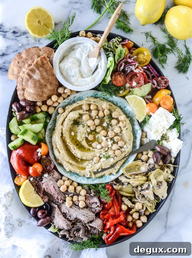 greek marinated flank steak and hummus platter I howsweeteats.com