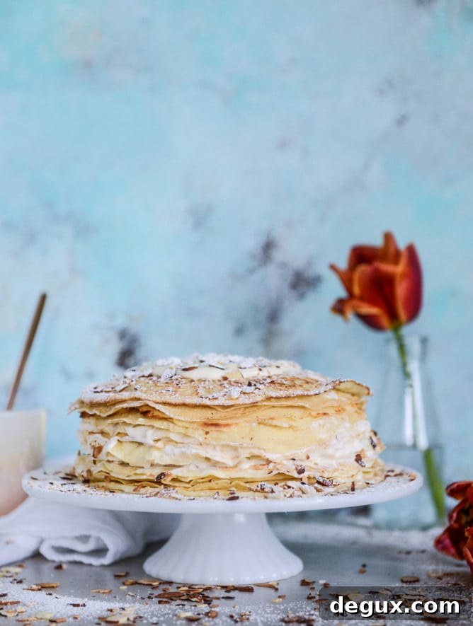 Almond Cream Crepe Cake Recipe — Light Layered Dessert Tutorial 2 almond cream crepe cake I howsweeteats.com