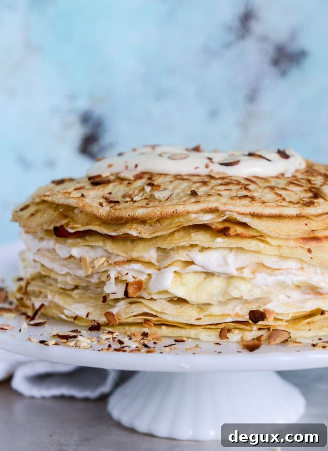 Almond Cream Crepe Cake Recipe — Light Layered Dessert Tutorial 4 almond cream crepe cake I howsweeteats.com