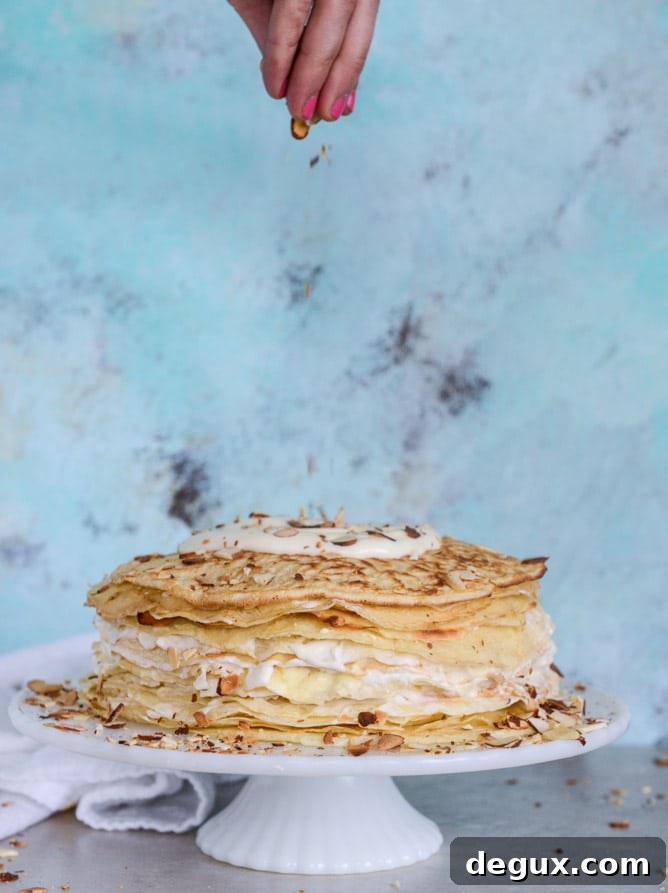 Almond Cream Crepe Cake Recipe — Light Layered Dessert Tutorial 5 almond cream crepe cake I howsweeteats.com