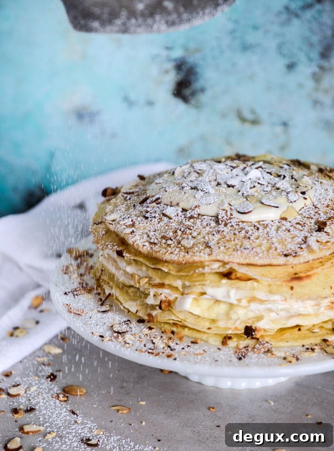 Almond Cream Crepe Cake Recipe — Light Layered Dessert Tutorial 7 almond cream crepe cake I howsweeteats.com