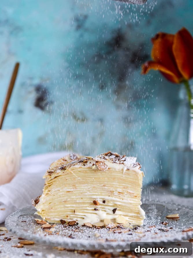 Almond Cream Crepe Cake Recipe — Light Layered Dessert Tutorial 9 almond cream crepe cake I howsweeteats.com
