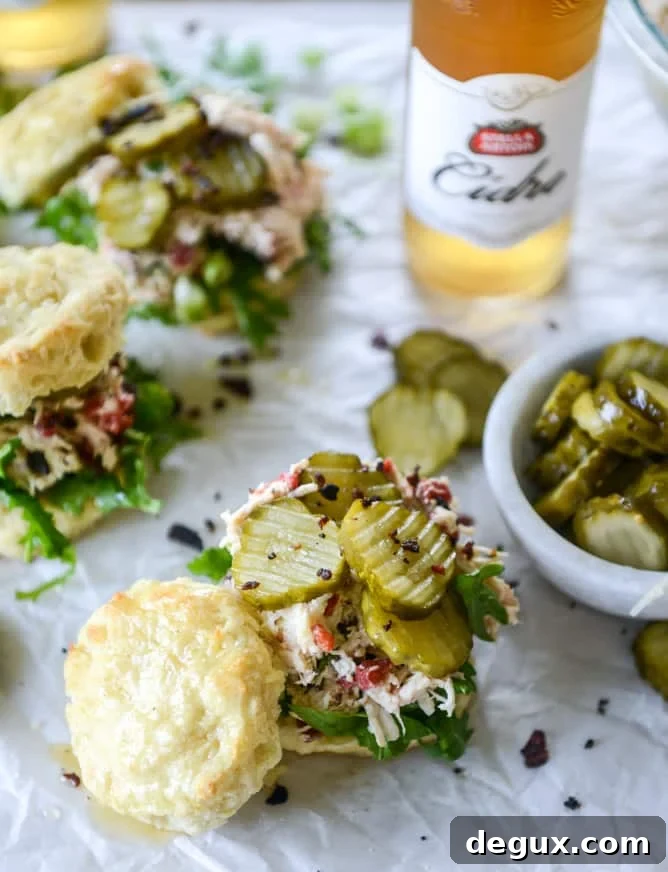 Pimento Cheese Chicken Salad on Honey Butter Biscuits – Southern Picnic Sandwich 8 pimento cheese chicken salad on honey butter biscuits I howsweeteats.com
