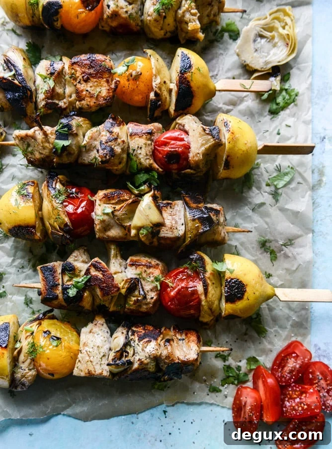 Grilled Chicken, Burst Tomato & Artichoke Skewers with Goat Cheese Dip 2 grilled chicken, burst tomato and artichoke skewers I howsweeteats.com