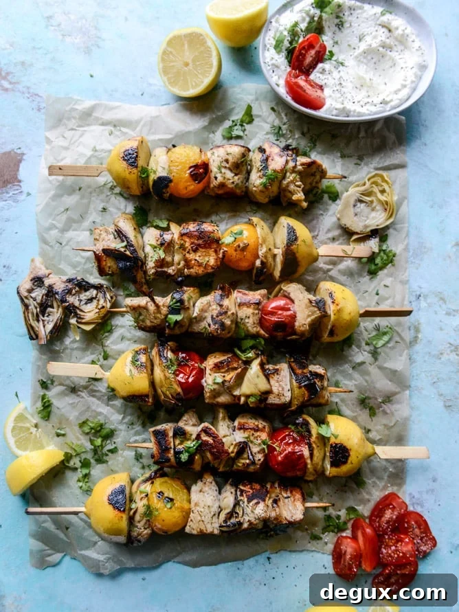 Grilled Chicken, Burst Tomato & Artichoke Skewers with Goat Cheese Dip 4 grilled chicken, burst tomato and artichoke skewers I howsweeteats.com