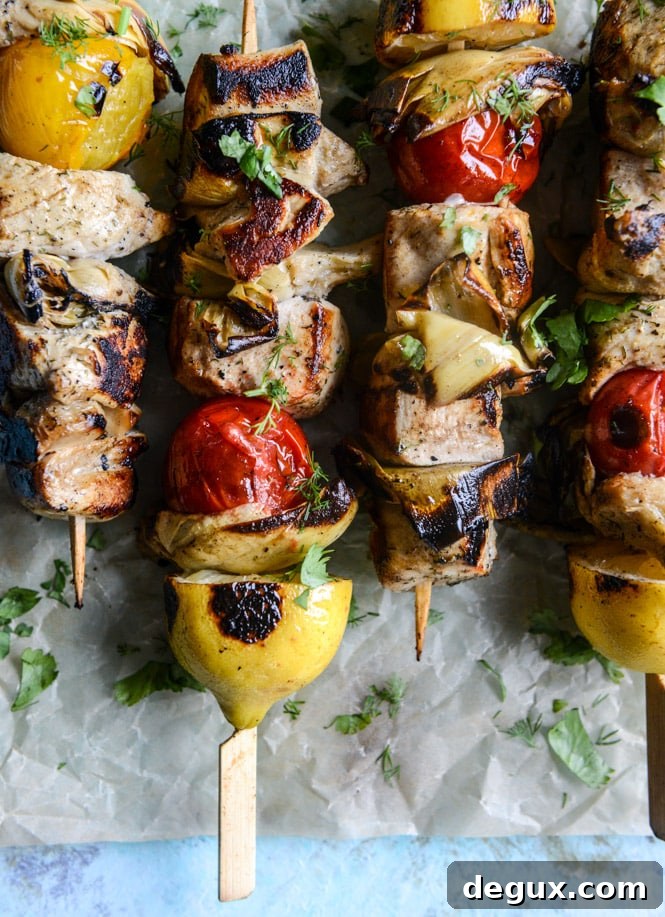 Grilled Chicken, Burst Tomato & Artichoke Skewers with Goat Cheese Dip 5 grilled chicken, burst tomato and artichoke skewers I howsweeteats.com